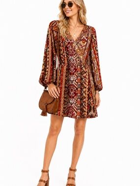V-Neck Long Sleeve Mini Dress in Rust Multi